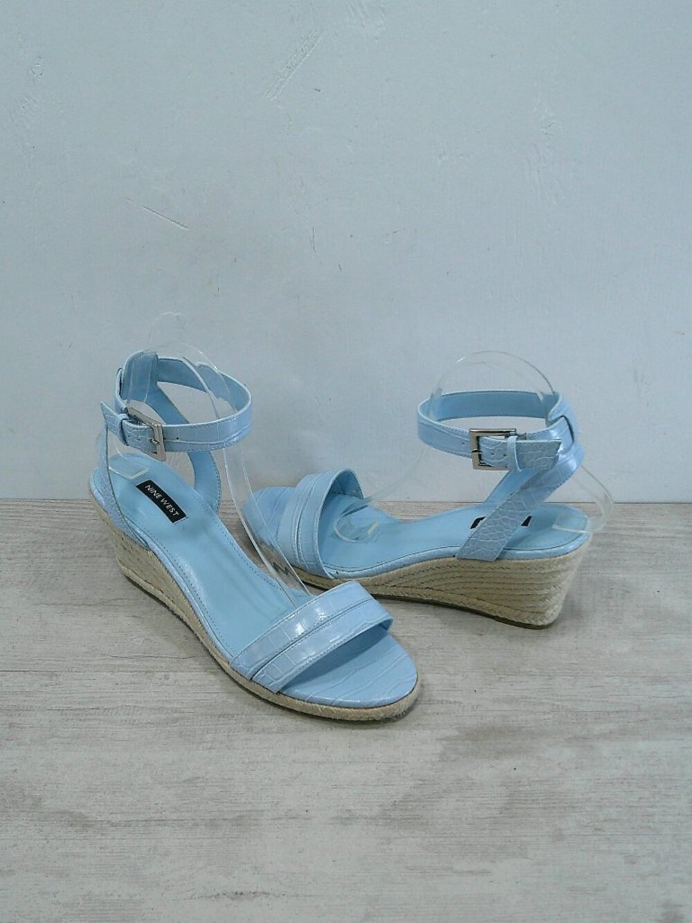 Nine West Baby Blue Croc Embossed Patent Joie Espadrille Wedge Heel Size 11 M